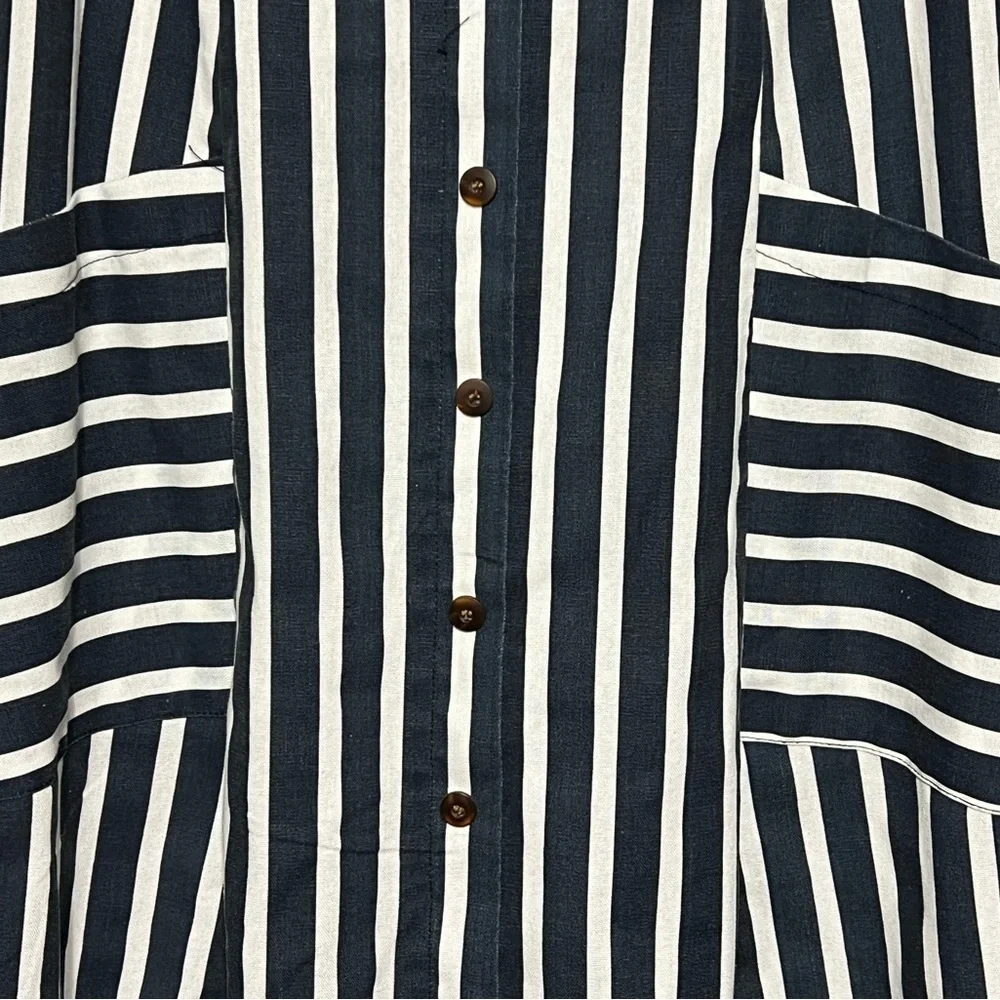 MetroWear Navy White Striped Linen Rayon Button Front Belted Midi Skirt XL